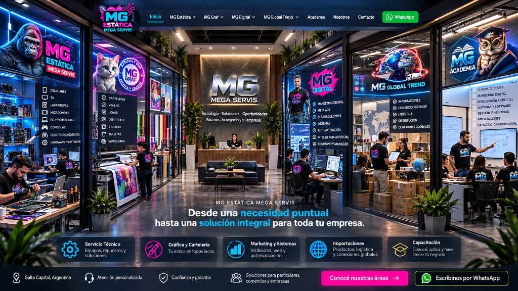 Pasillo corporativo con las cinco oficinas MG Mega Servis: MG Estática, MG Graf, MG Digital, MG Global Trend y MG Academia
